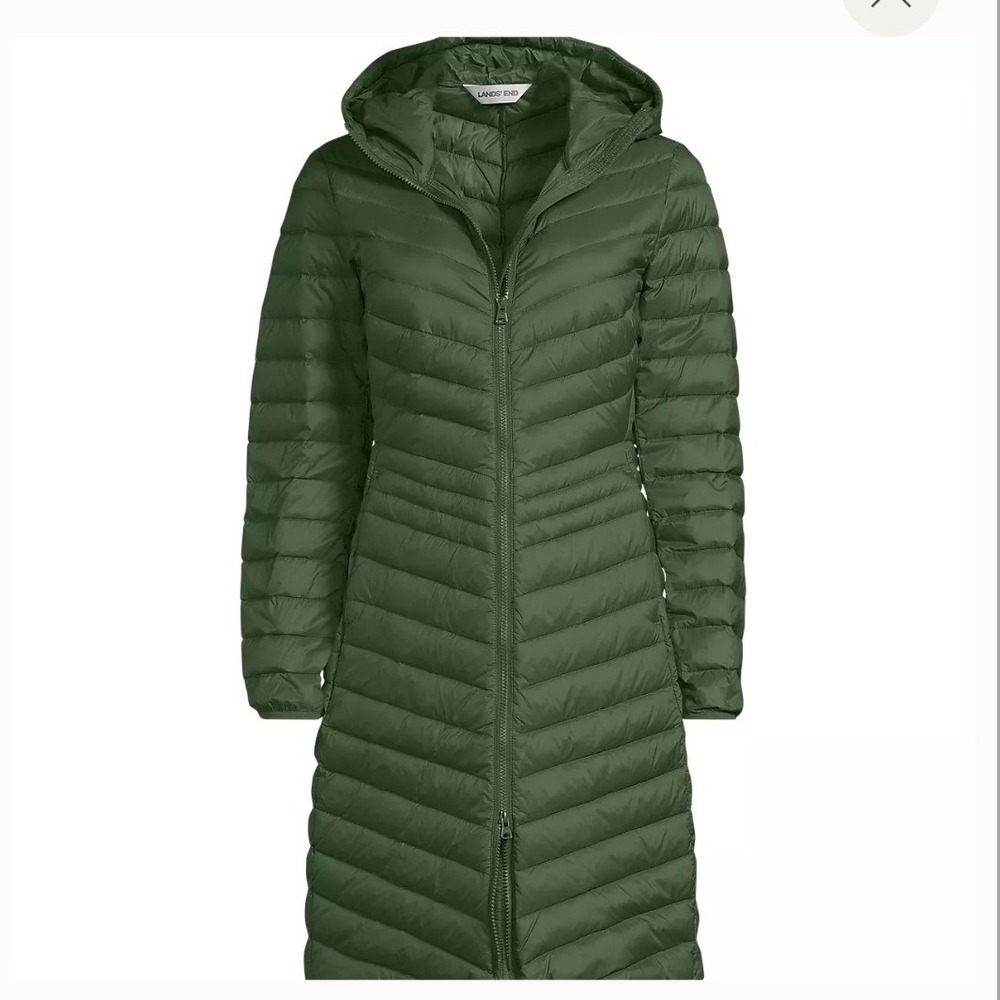 Lands' End Wanderweight Packable Down Coat Womens 3X Green Hooded Puffer Long